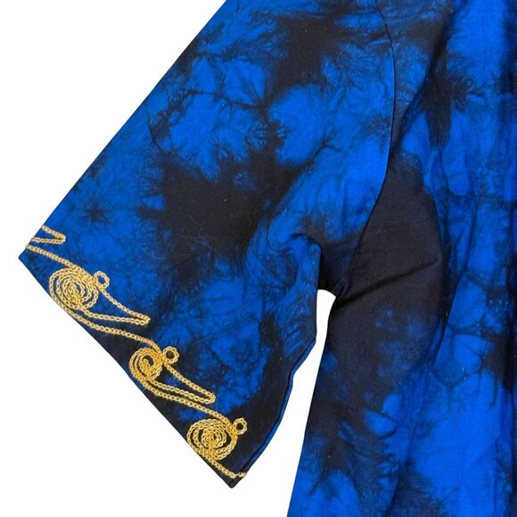 Handmade African Dashiki Shirt Small Blue Batik Tie Dye Gold Embroidered Pockets - Picture 8 of 9